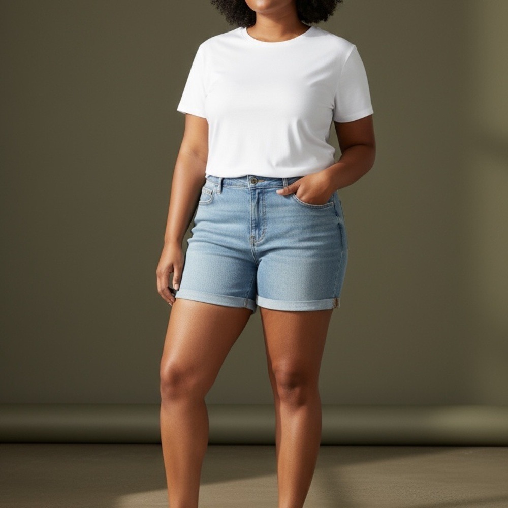 Womens Light Wash Cuffed Denim Jean Shorts Mid Rise Casual Summer‎ Blue